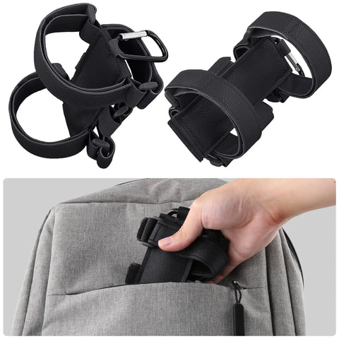 Portable Bluetooth Speaker Mount For Most Wireless Speakers, adjustable holder being placed in a backpack, PU leather material.