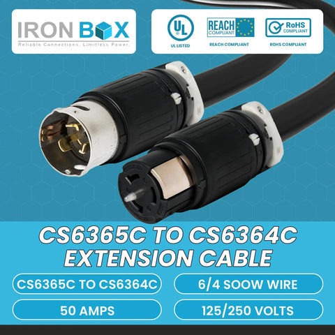 Rock Solid 50A 125/250V Generator Extension Cable With Cs6365C To Cs6364C Locking Twist Plug and Heavy Duty 6/4 Soow Outdoor Wire.