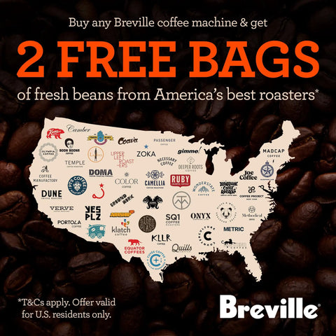 Map showing Breville coffee machine promotion with 2 free bags of beans from U.S. roasters on coffee bean background.