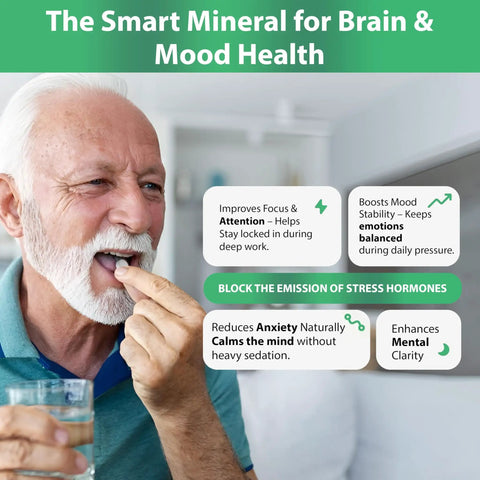 Elderly man taking a supplement for brain health with benefits text: focus, mood stability, anxiety reduction, mental clarity.
