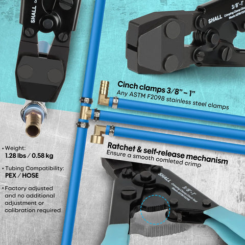 Front view of SHALL Pex crimping tool and Cinch cutter with blue PEX tubing and brass fittings