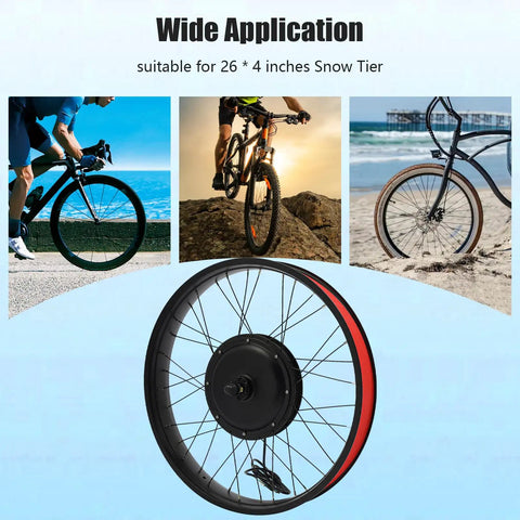 1500W Front Wheel Hub Motor Conversion Kit For 26 Inch By 4 Inch E Bike DC 48V Electric Bicycle Conversion Kit With Five Speed Adjustable And LCD Meter Built For Power Boost Smooth Cruise And Highway Cycling shown with bicycle examples