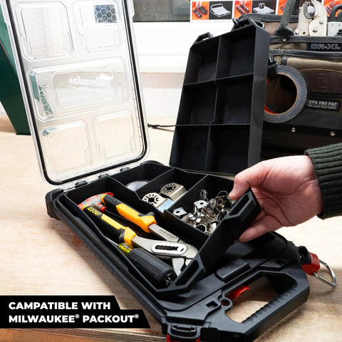 Quad FlexiTray Flexible Tool Tray System For Milwaukee PACKOUT Compatible Organizer For Tools Nuts Bolts And Parts For Workshop Garage And Van Storage With Non Slip TPE Grip Made In The UK, open view showing compartments filled with tools and fasteners.