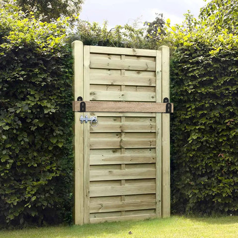 Gate secured with Heavy Duty Door Security Bar Barricade Bracket For 2 By 4 Lumber Steel U Bracket Open Bar Holder For Indoor And Outdoor Use Beefed Up To Stop Break Ins And Provide Extra Lockdown Confidence 2 Pack