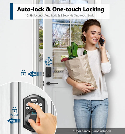 Sleek Matte Black Fingerprint Deadbolt Smart Lock Offering Straight Up Game Changing Keyless Security With AI Fast Unlock Sensor And Sturdy Touchscreen Keypad Setup, being used by a woman holding groceries.