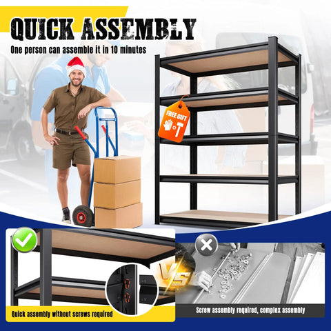 Heavy Duty Garage Shelving Unit Four Pack With Boltless Adjustable Steel Racks quick assembly image, 71x28x12 in dimensions.