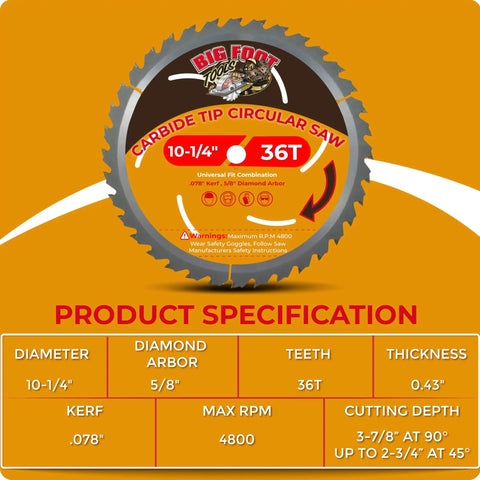 10-1/4 Inch Circular Saw Blade With 36 Carbide Teeth And Thin Kerf, Five-Eighth Inch Arbor, Pro-Grade specifications chart