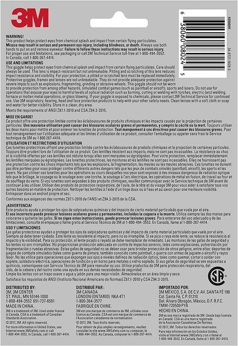 Built Tough Chemical Splash Safety Goggles With Anti Fog Vents and Impact Resistant Polycarbonate Lenses, safety instructions on back.