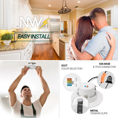 Installation of 4 Inch Gimbal LED Recessed Can Light For Sloped Ceilings, Dimmable 750LM Output, 5 CCTs 2700K To 5000K, 90 CRI Eyeball
