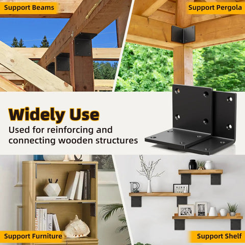 Heavy Duty Corner L Brackets For Wood Framing 4 Pack Solid 6X6 Steel Mounts With Rust Proof Black Coating and Smooth Edges seen supporting shelves and beams.