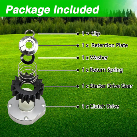 Image of Starter Drive Kit With 16 Teeth Drive Gear That Fits Briggs And Stratton Stens Rotary Engines And Lawn Tractors replacement part numbers 497606 696541 435 859 9854, showing packaging components labeled against a grass background.