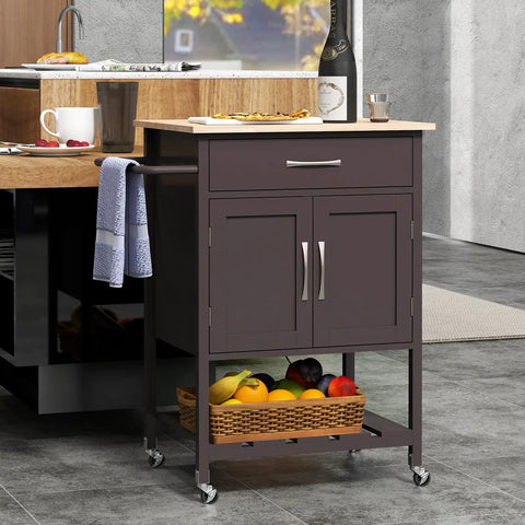 Slick Rolling Kitchen Island Cart With Dope Rubberwood Top And Quick Release Drawer, 29x19x35.5in, with storage and towel rack.
