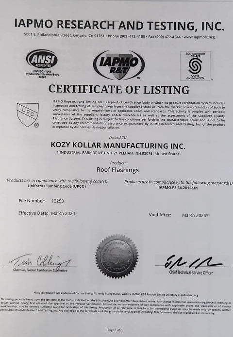 Certificate of listing for Inside Install Roof Flange For Pipe Flashing No Climbing Needed Works With Architectural Shingles