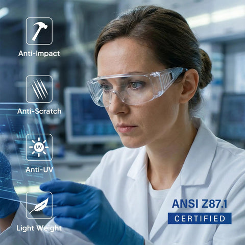 Heavy Duty Safety Glasses Over Glasses 12 Pack ANSI Z87.1 clear lens on a woman working with technology.