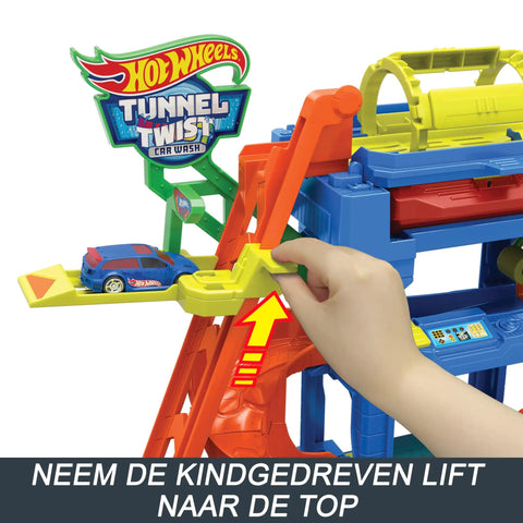 Child using lift with Hot Wheels Tunnel Twist Car Wash Play Set With Color Shifter Car, 18-Piece Hot Wheels City Vehicle Wash Toy For Kids