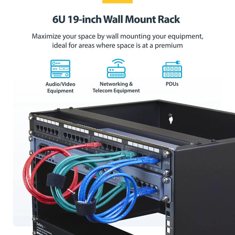 Heavy Duty 6U Wall Mount Network Rack With 19 Inch Width And 14 Inch Depth showing organized cabling for routers and switches.