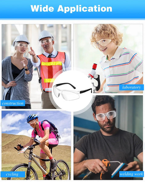 Bulk 100 Pair Clear Safety Glasses ANSI Z87.1 Certified used in construction, cycling, laboratory, and welding work environments.