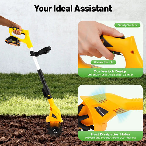 Cordless Garden Tiller Cultivator 250RPM Portable Electric Rototiller With Batteries And Charger Included shown in use on garden soil