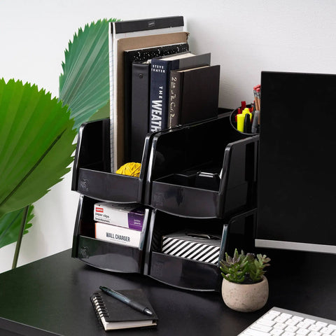 Large Stackable Plastic Shelf Bins 8 Pack Open Front Organizer For Parts Tools Hardware Pantry Garage 13 Inch Long By 6 Inch Wide By 5 Inch High Made In USA Black, used for organizing books and office supplies on a desk.