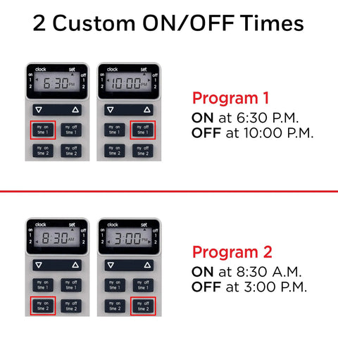 Outdoor Digital Timer Switch With Two On Off Programs, Grounded Single Outlet, Weather Resistant, Heavy Duty settings display