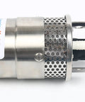 Close-up of 12V DC Submersible Deep Well Water Pump With 3.2 GPM Flow, 4 Inch Intake, 10A Draw, Stainless Steel Shell