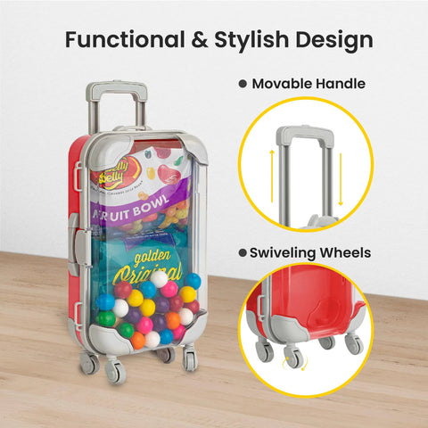 Hammont mini suitcase party favor box, red, 7.5x5x2.5 in, 3-pack with wheels and clear front