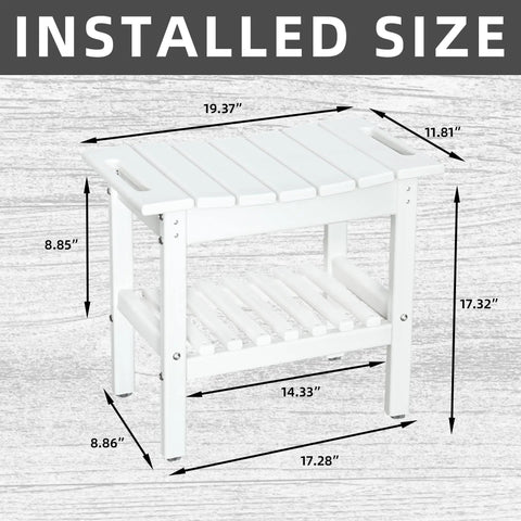 Dimensions of HDPE Shower Bench With Space Saving Storage Shelf For Bathroom Use Waterproof Indoor Spa Stool, White