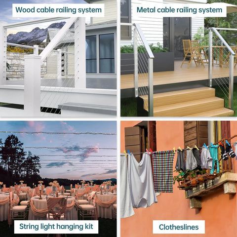 330ft Three Sixteenth Inch Stainless Steel Wire Rope Aircraft Cable For Railing Decking Balustrade DIY Indoor Outdoor 7x19 Strand Rust Resistant Heavy Duty Built To Last Projects And Railings used in various applications like railing systems, string lights, and clotheslines.