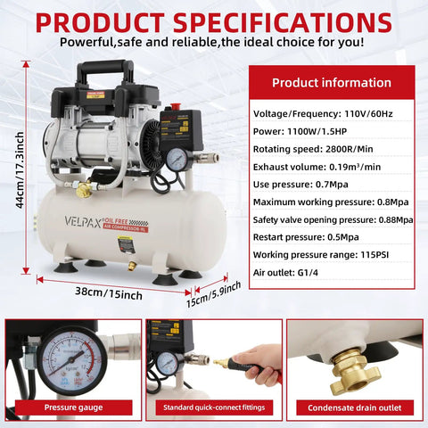 Ultra Quiet 1.5 HP Air Compressor With 2.4 Gallon Steel Tank Operates At Just 60 Dba Noise Level Perfect For Fine Detail Spray Painting Auto Garage Work And Woodworking Nailing Tasks Oil Free Piston Pump Design, showing product specifications and controls.