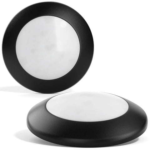 Six Pack Dimmable Seven Point Five Inch Flush Mount LED Ceiling Light With Bronze Trim 4000K Natural White 1100 Lumens Sixteen Point Five Watts Energy Star Certified Ideal For Hallways Kitchens Bathrooms, shown in black and white design