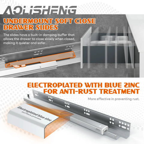 Undermount Soft Close Drawer Slides Set with Full Extension shown with blue zinc anti-rust treatment and concealed runners.
