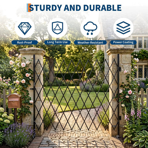 Secure Your Zone With This Beast Mode Heavy Duty Expandable Security Gate Featuring Rock Tough Aluminum Body Dual Locking Casters And Smart Key Lock System, black aluminum gate with flower garden background.