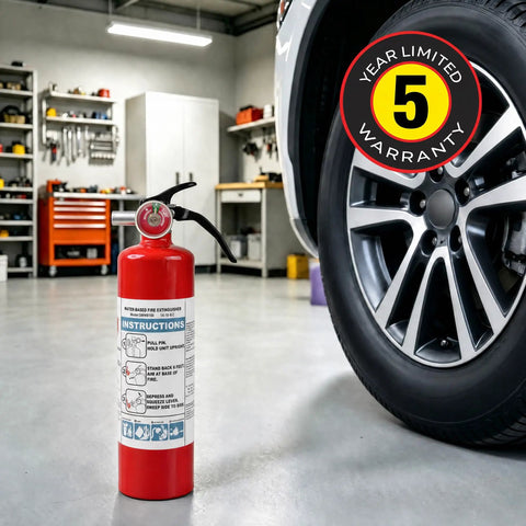 Straight Up Solid Multipurpose Fire Extinguisher, 2.5 LB ABC Fire Safety Kit For Home Kitchen Garage RV And Pickup Truck near vehicle wheel in garage.