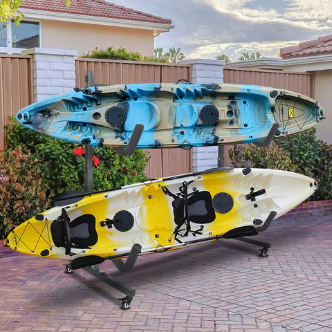 Heavy Duty Kayak Stand And Dual Storage Rack With Rolling Lockable Wheels holding a blue and yellow kayak in a garden setting.