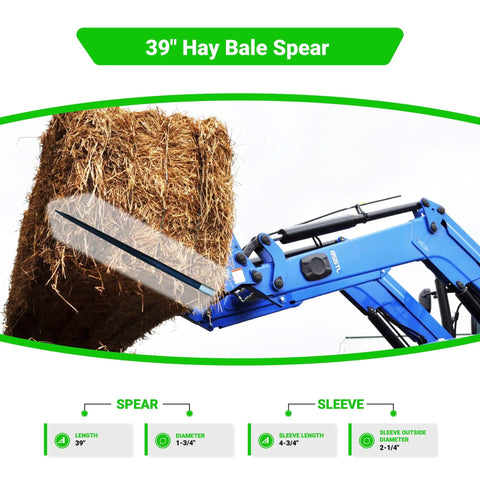 Image of 39 Inch Hay Bale Spear with 3000 Lb Capacity, showing a blue loader lifting a hay bale with a square forged spear.