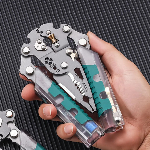 Close-up of Heavy Duty 20 Function Multifunctional Wire Stripper Pliers with ergonomic handle for cutting and crimping.