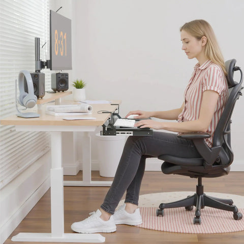Under Desk Keyboard Tray 25 Inch With Wrist Rest Mouse Pad Cup Mat Lightweight Slide Out Tray Easy Clamp Adjustable For Ergonomic Desk Setup And Clutter Free Workstation Plug And Play in home office setting with woman seated at desk
