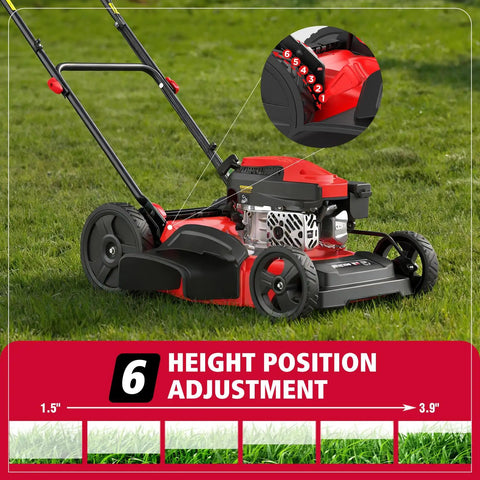 EasyCut 21 Inch Gas Lawn Mower with 144cc 4 Stroke OHV Engine auto choke start on grass, highlighting height adjustment.