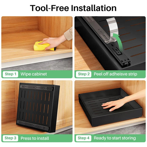 Installation steps for Heavy Duty Slide Out Cabinet Organizer Full Extension Roll Out Shelf With Super Smooth Glide And No Fuss Nano Tape Under Sink Pantry Storage For Kitchen And Bathroom Black.