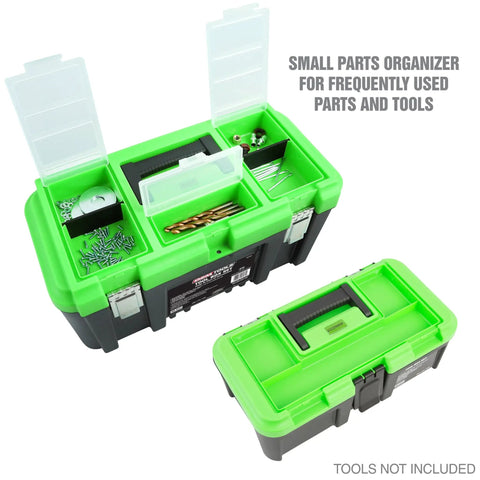 Dual Tool Box Set With 19 Inch And 12.5 Inch Plastic Portable Boxes open with compartments visible, lockable latches shown.
