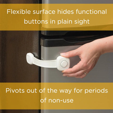 Person demonstrating OutSmart Multi Use Lock 2 Pack White Easy No Drill Installation on cabinet, showing flexible strap and decoy button.