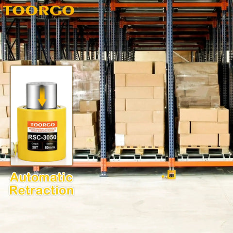 Tough As Nails 30 Ton Hydraulic Cylinder With Two Inch Auto Retracting Stroke, Portable Alloy Steel Ram Jack For Moving Heavy Loads in warehouse.