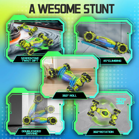 Gesture sensing RC stunt car demonstrating 360-degree spins, flips, and all-terrain capabilities with vibrant RGB lights.
