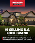 Front Door Entry Handleset With Reversible Interior Lever, Non Locking Satin Nickel Finish, Microban Protection, Exterior Door Hardware, Deadbolt Not Included, Easy DIY Install For Most Standard Doors advertisement with house background and Kwikset logo.