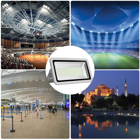 Top Shelf Industrial Grade 500W LED Flood Light in sports arena, illuminating events with 55000 lumens cold white glow.