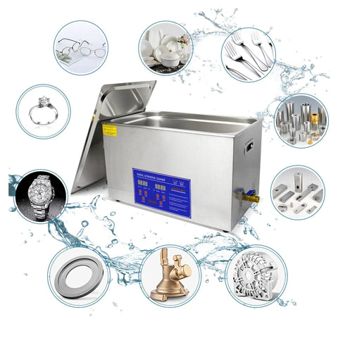 Heavy Duty Heated Ultrasonic Cleaner With Digital Timer And Thick Commercial Grade Stainless Steel Wash Tank for cleaning jewelry and engine parts.