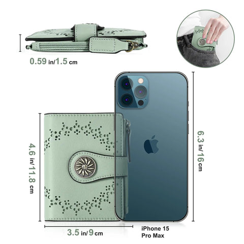 Compact Women’s Bifold Wallet With RFID Blocking Leather Card Holder Zipper Coin Pocket Slim Yet Roomy shown next to iPhone 15