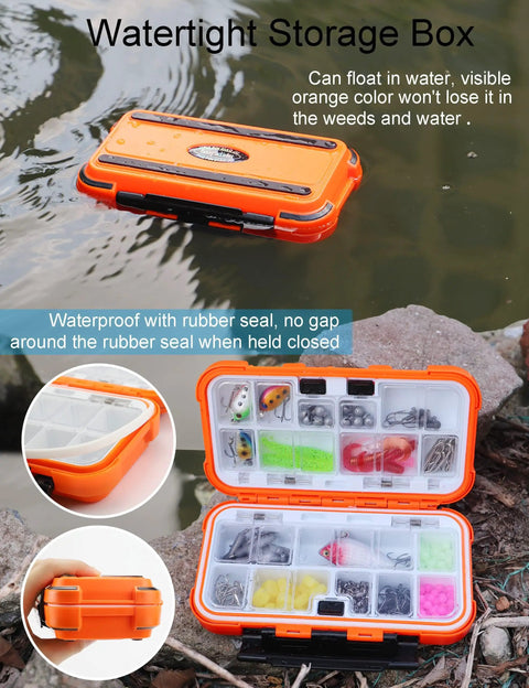 Small Kayak Tackle Box Waterproof Mini Lure Box With Sealed Rubber Gasket floating on water, showing orange color and compartments.