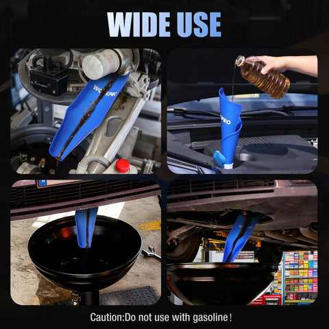 Flexible Oil Funnel For Auto And Industrial Use shown in various automotive applications; foldable blue silica gel funnel.