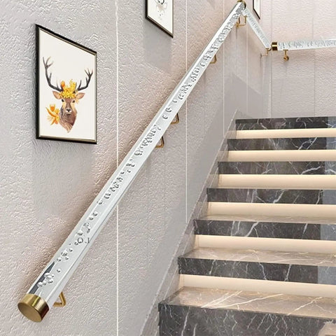 Premium Clear Acrylic Handrails For Indoor Stairs And Hallways Featuring Non Slip Surface And Rock Solid Stainless Steel Brackets Custom Length Safety Grab Bars Built Tough For Homes on staircase with gold brackets.